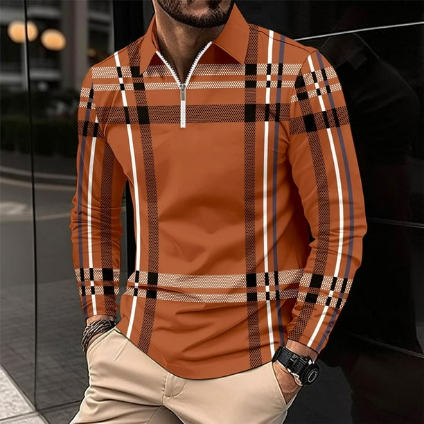 Blusa y camisa de manga larga con cuello vuelto para hombre, informal, con estampado, de manga larga, con solapa y media cremallera, deportiva, de poliéster.