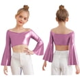thumbnail image 5 of TTAO Kids Girls Glossy Metallic Bell Sleeve Off Shoulder Jazz Modern Dance Crop Tops Performance Shirt Dancewear Pink 8, 5 of 7