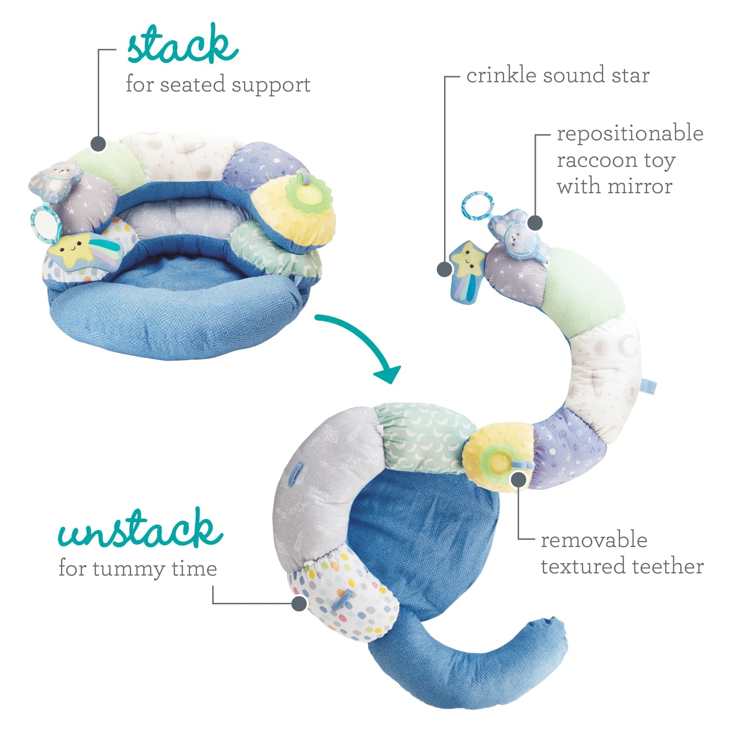 Infantino 2-in-1 Tummy Time & Seated Support Activity Gym for Ages 6-12 Months, Multicolor Space