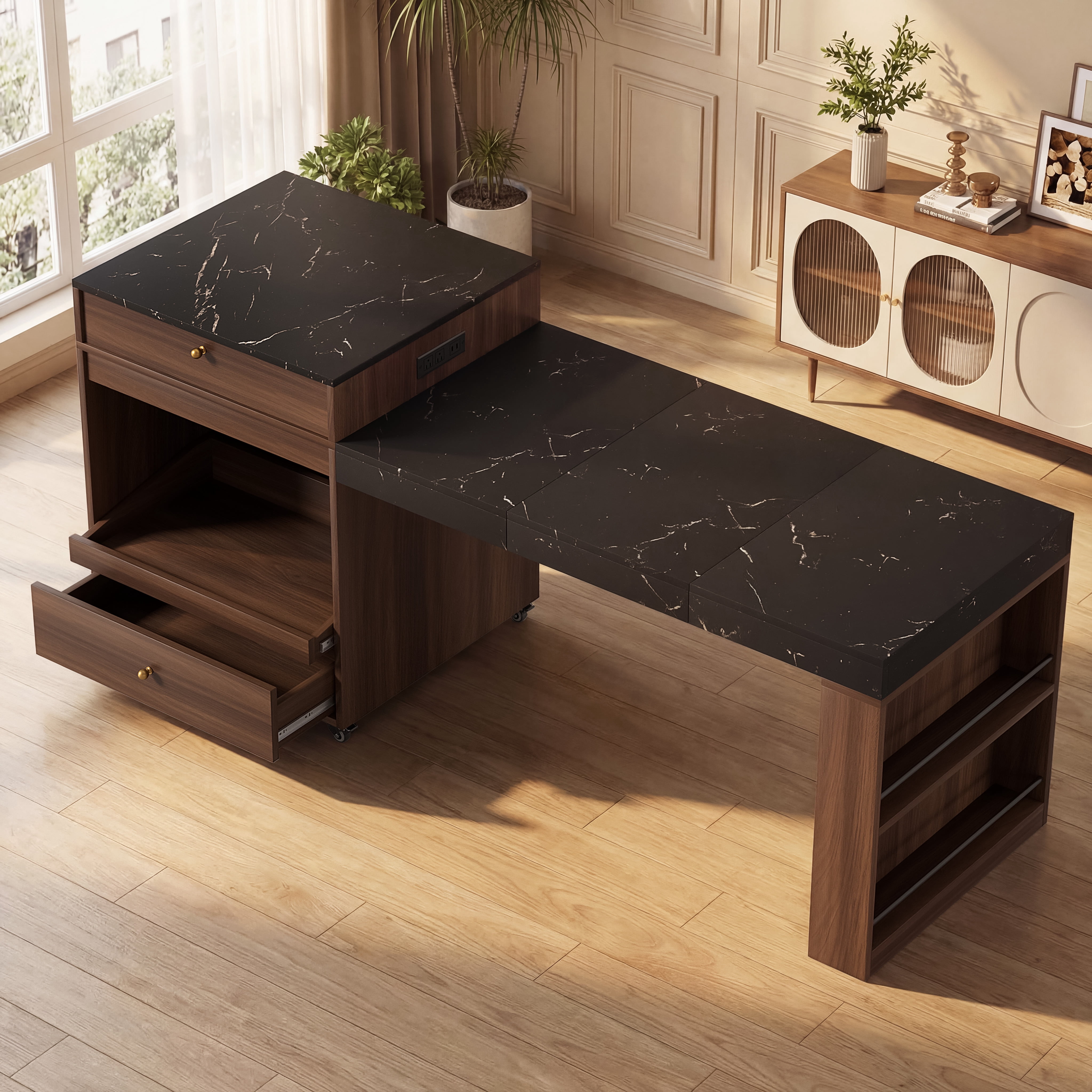 Mintazer 78.8'' Power Outlet Rolling Kitchen Island with 3-Stage Extendable Dining Table for 6-8, Kitchen Storage Cabinet with 2 Drawers and 3 Spice Rack for Pantry, Kithen, Dining Room, Walnut
