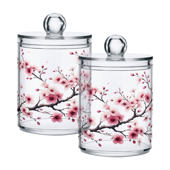 2 Pack Qtip Holder Dispenser Oriental Cherry Flowers Clear Plastic Storage Apothecary Jars for Cotton Swabs Balls Pads Floss