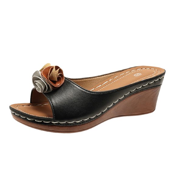 Modisza Flower Leather Wedges Sandals for Women Open Toe Low Wedges Slides Summer Outdoor Walking Dress Sandal Shoes Black Size 6
