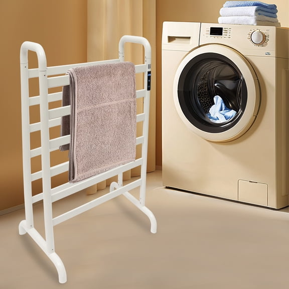 IPX3 Dual-Row Electric Heated Towel Rack Towel Warmer Rack Floorstanding White 110V 180W 66.14lbs Load 23.62*16.93*35.63 inch for Home Bathrooms, Checkrooms, Hotels