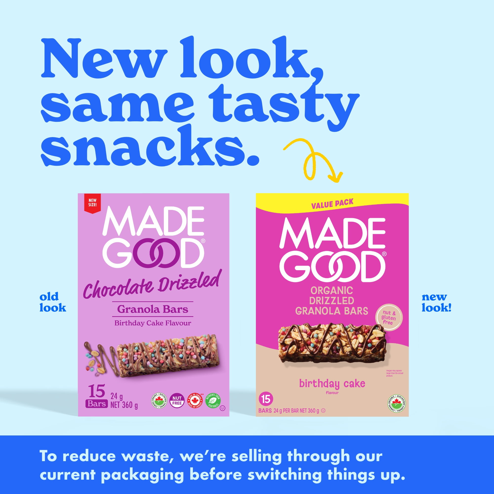 MadeGood Chocolate Drizzled Birthday Cake Bar 15ct, MG Birthday Cake Granola Bars VP