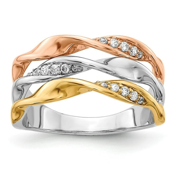 14K Tri-Color Gold Ring Band Diamond Round Fancy