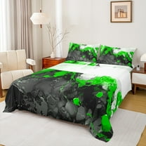 Manfei Abstract Marble Queen Sheet Sets 4 Pieces, Black Green White Flat Sheet, Modern Watercolor Marbling Queen Fitted Sheet, Microfiber Bedroom Decor