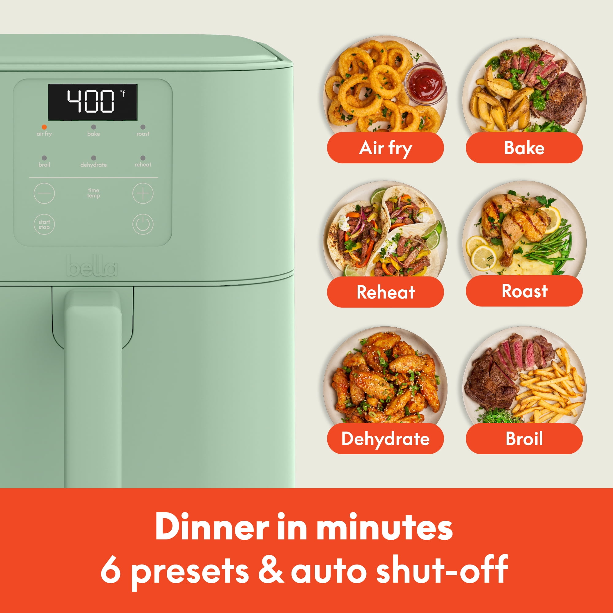 bella 6 Qt Slim Digital Air Fryer with EverGood™ Ceramic Nonstick Coating, 6 Preset Cooking Options, Seaglass