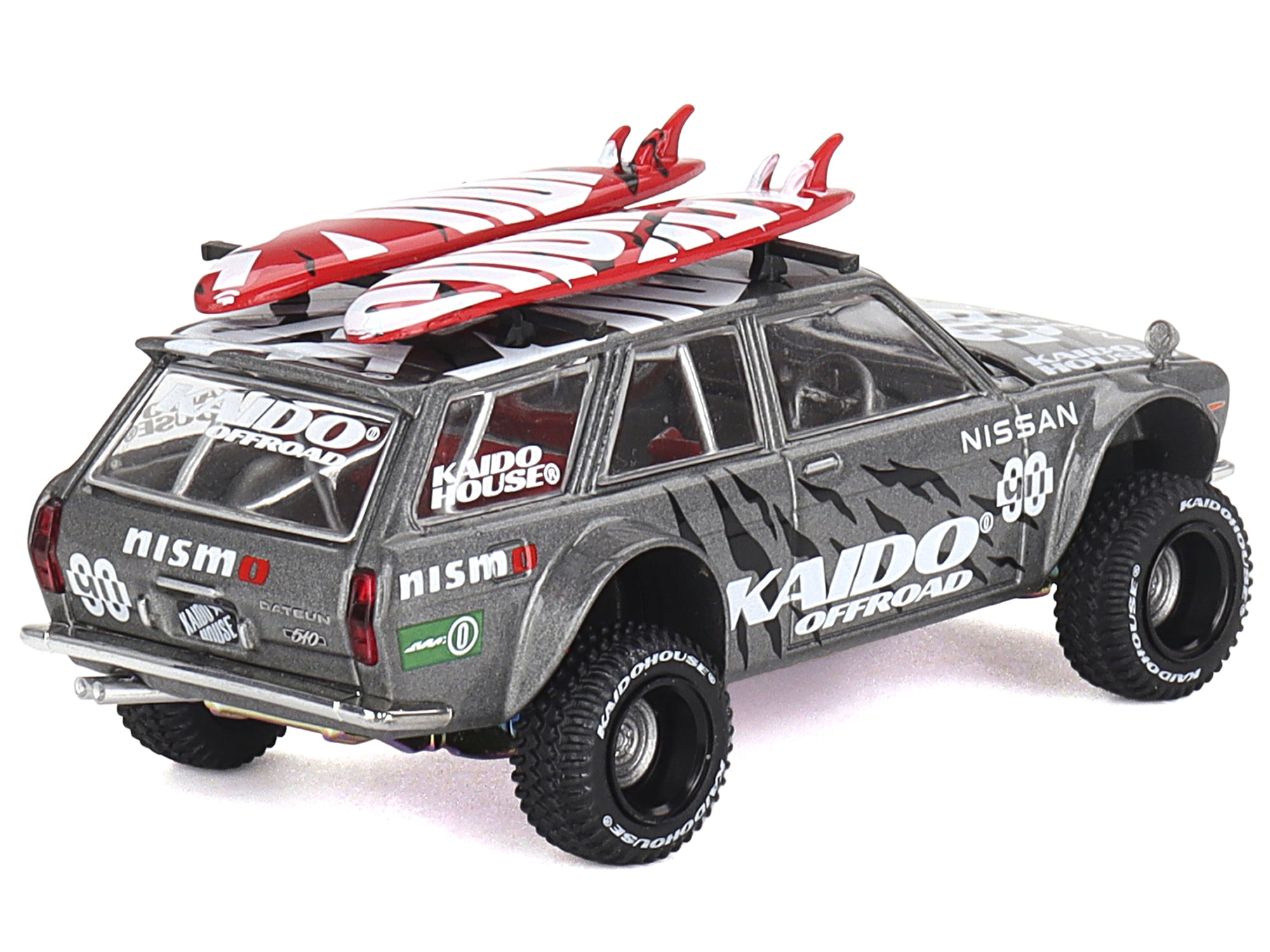Datsun Kaido 510 Wagon 4x4 RHD "Kaido Offroad V1" Gray Metallic with Red Interior and Surfboards on Roof (Designed by Jun Imai) "Kaido House" Special 1/64 Diecast Model Car by Mini GT