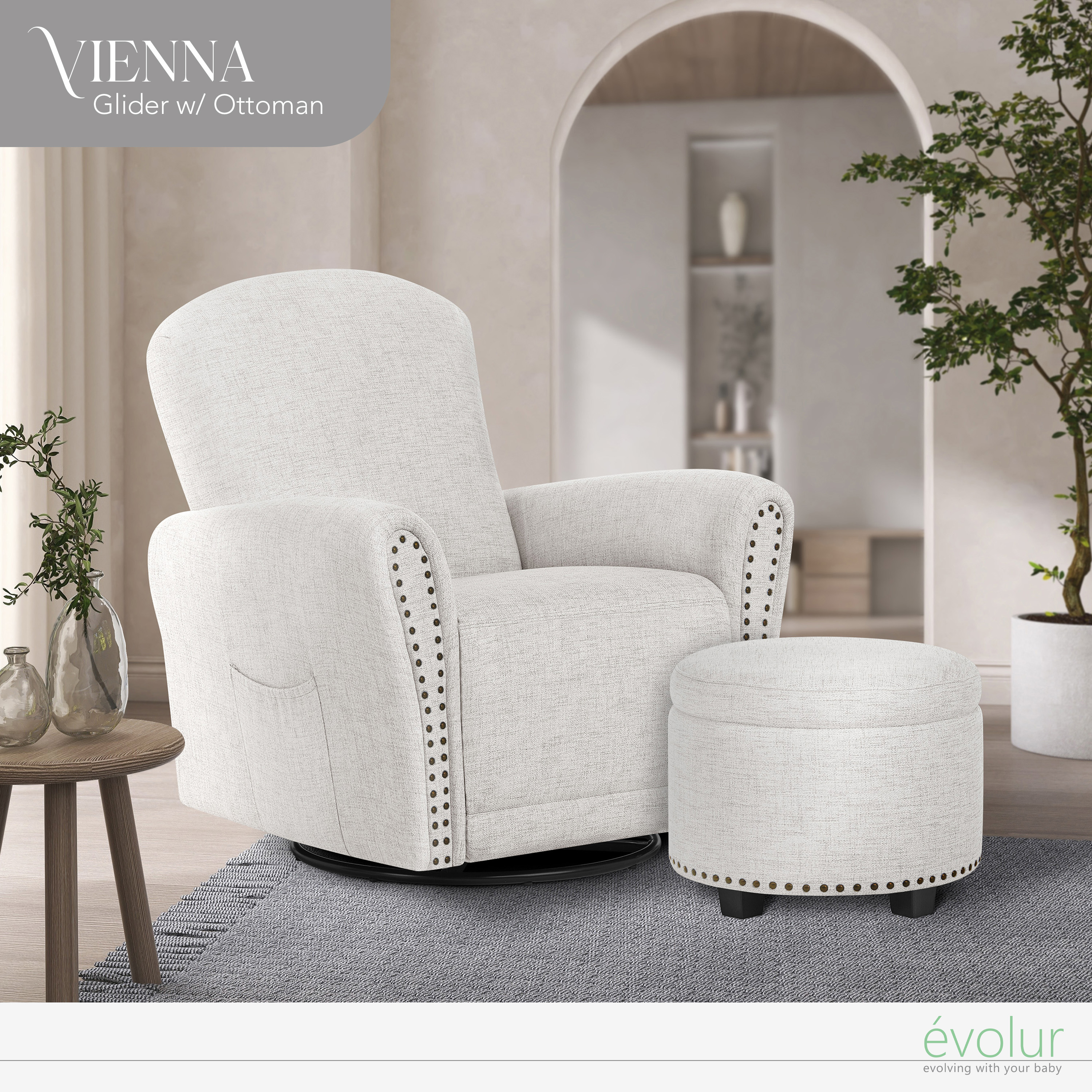 Evolur Vienna Swivel Glider with Ottoman and Nailhead Trim, Greenguard Gold Certified, Made from Sturdy and Sustainable FSC-Certified Wood, Fog Grey
