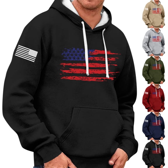 Men's & Women's Flag Print Pullover Hoodie, Unisex Loose Fit Long Sleeve Sweatshirt, Patriotic Streetwear for 4th of July, Christmas, Fall Winter Season,Black,L