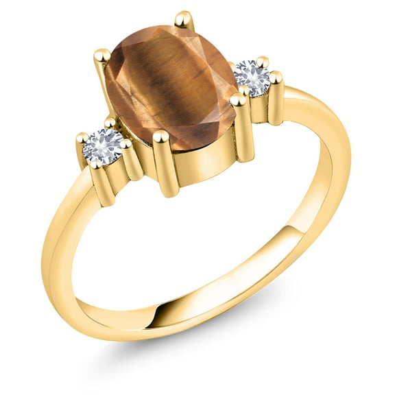 Gem Stone King 1.60 Ct Brown Tiger Eye White Created Sapphire 18K Yellow Gold Plated Silver Ring (Size 9)