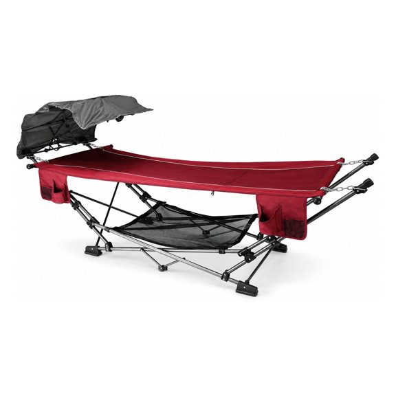 Portable Folding Hammock with Metal Frame and Retractable Canopy for Camping Patio Outdoor Relaxing, Side Pockets, Red (1 Pack)