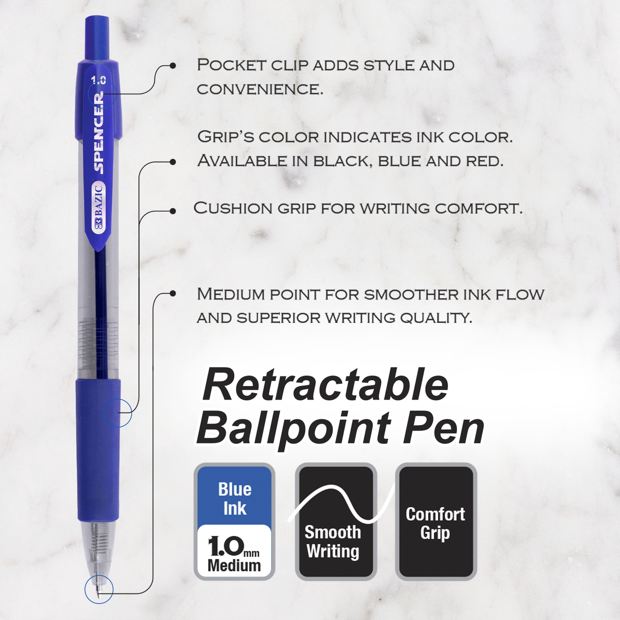 BAZIC Ballpoint Spencer Blue Retractable Pen Soft Grip 1.0 mm, (5/Pack), 24-Pack