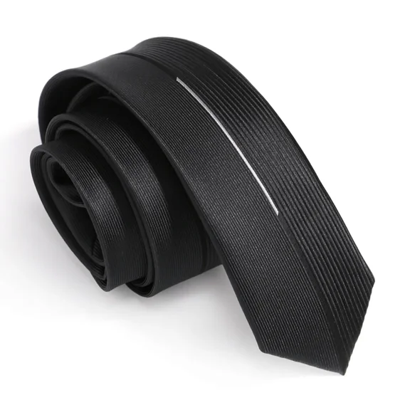 Yongchuantie 2.36'' Men's Classic Black Ribbed Tie Skinny 6CM Slim Silver Stripe Polyester Satin Formal Business Wedding Necktie