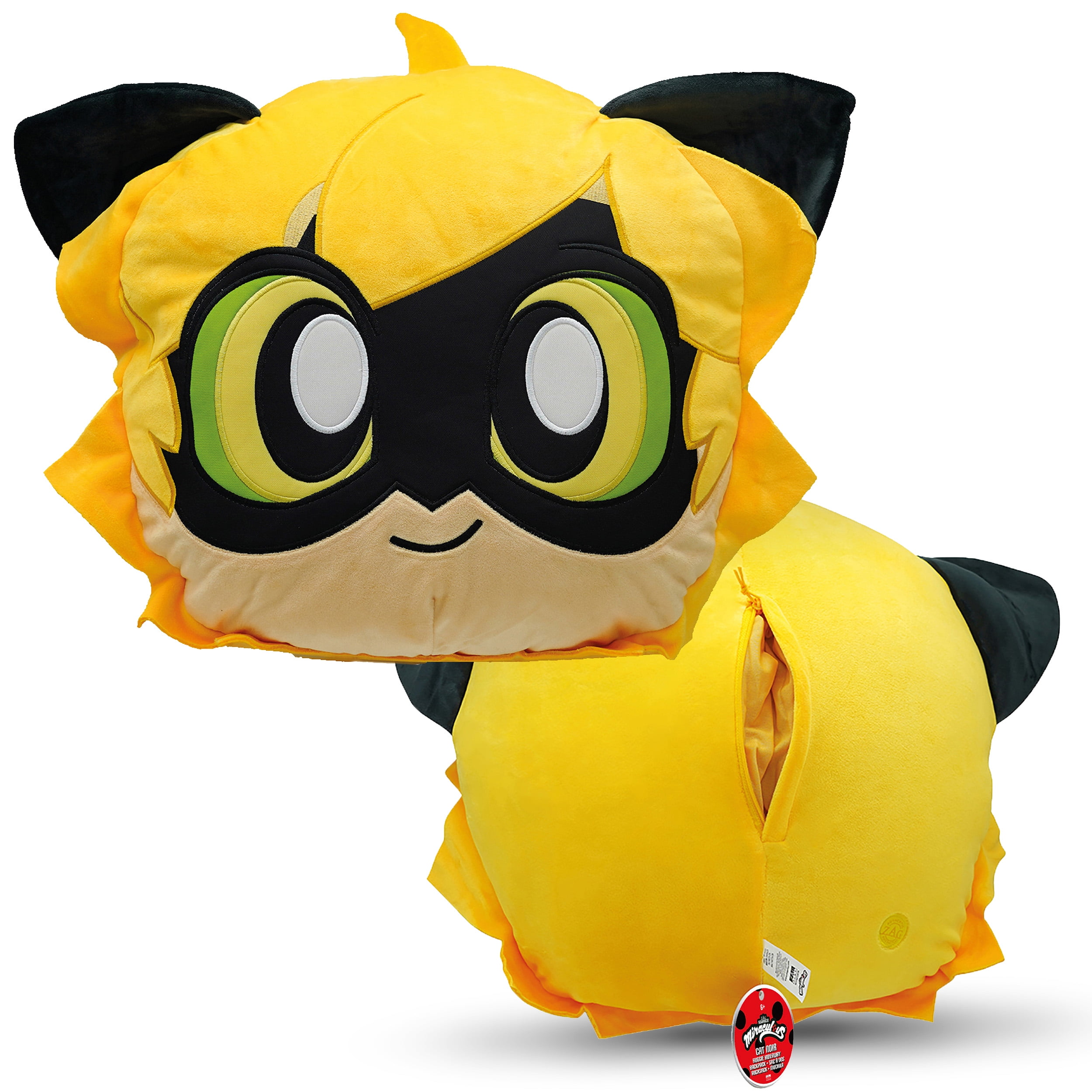 Miraculous Ladybug Huggie Hideaway Cat Noir 16.5 inch Black Plush Pillow Super Soft Stuffed Toy for Kids with Large Zipper Secret Pocket in The Back Wyncor Walmart