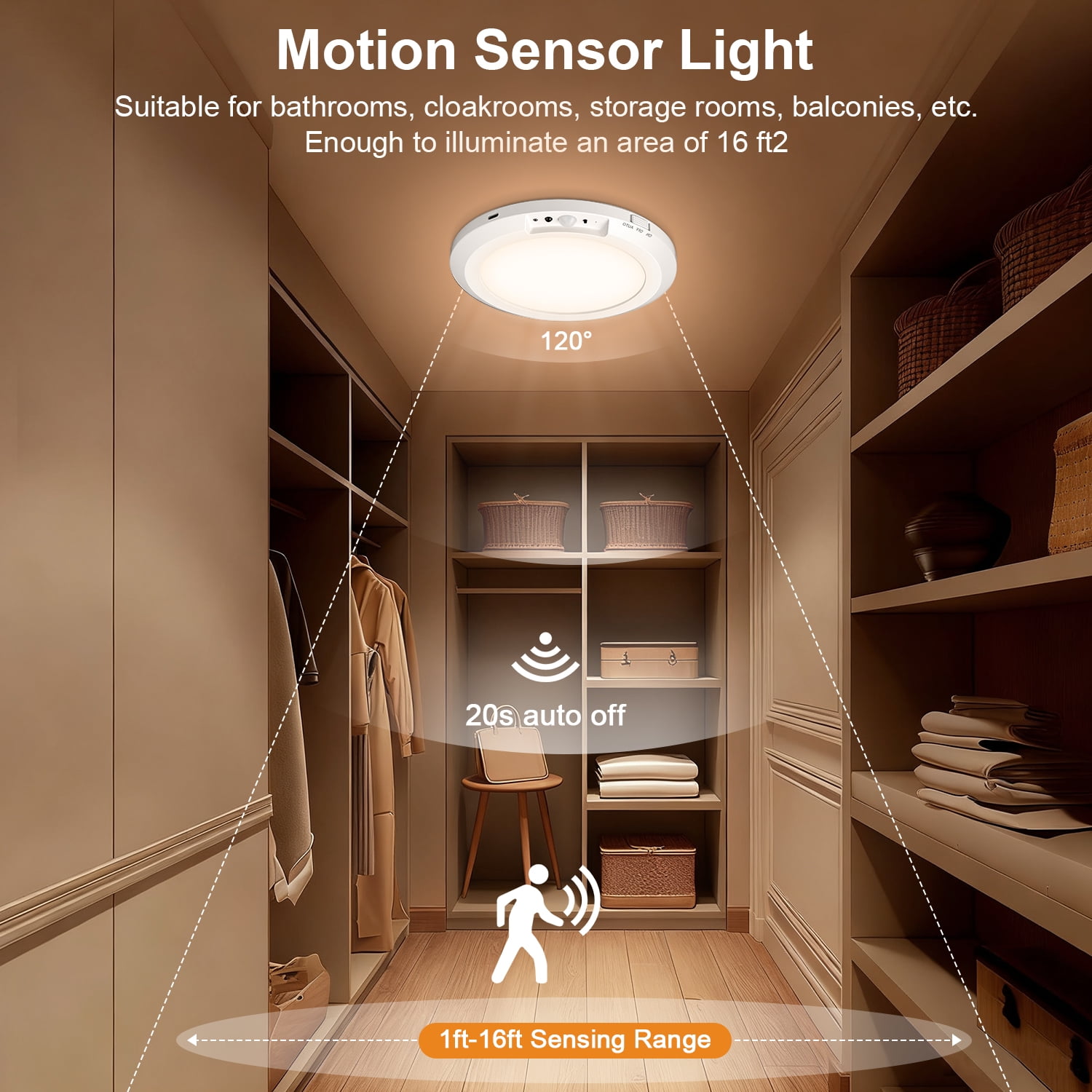 Hootek Rechargeable Motion Sensor Ceiling Light With Remote Control,10000mAh Battery Operated Closet Light,Magnetic Timing LED Shower Lights,Ceiling Lamp for Bathroom Pantry Shed Hallway Porch, White