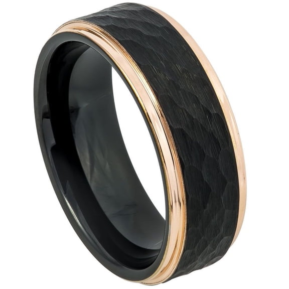 Custom Personalized Engraving Wedding Band Ring Set for Him & Her - 8mm Two-Tone Black & Rose Gold IP Plated Hammered Center Stepped Edge