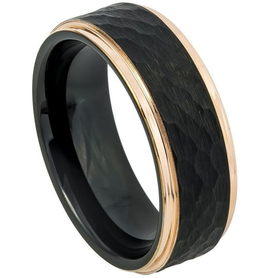 8mm Two-Tone Black & Rose Gold IP Plated Hammered Center Stepped Edge Wedding Band Ring For Men Or Ladies