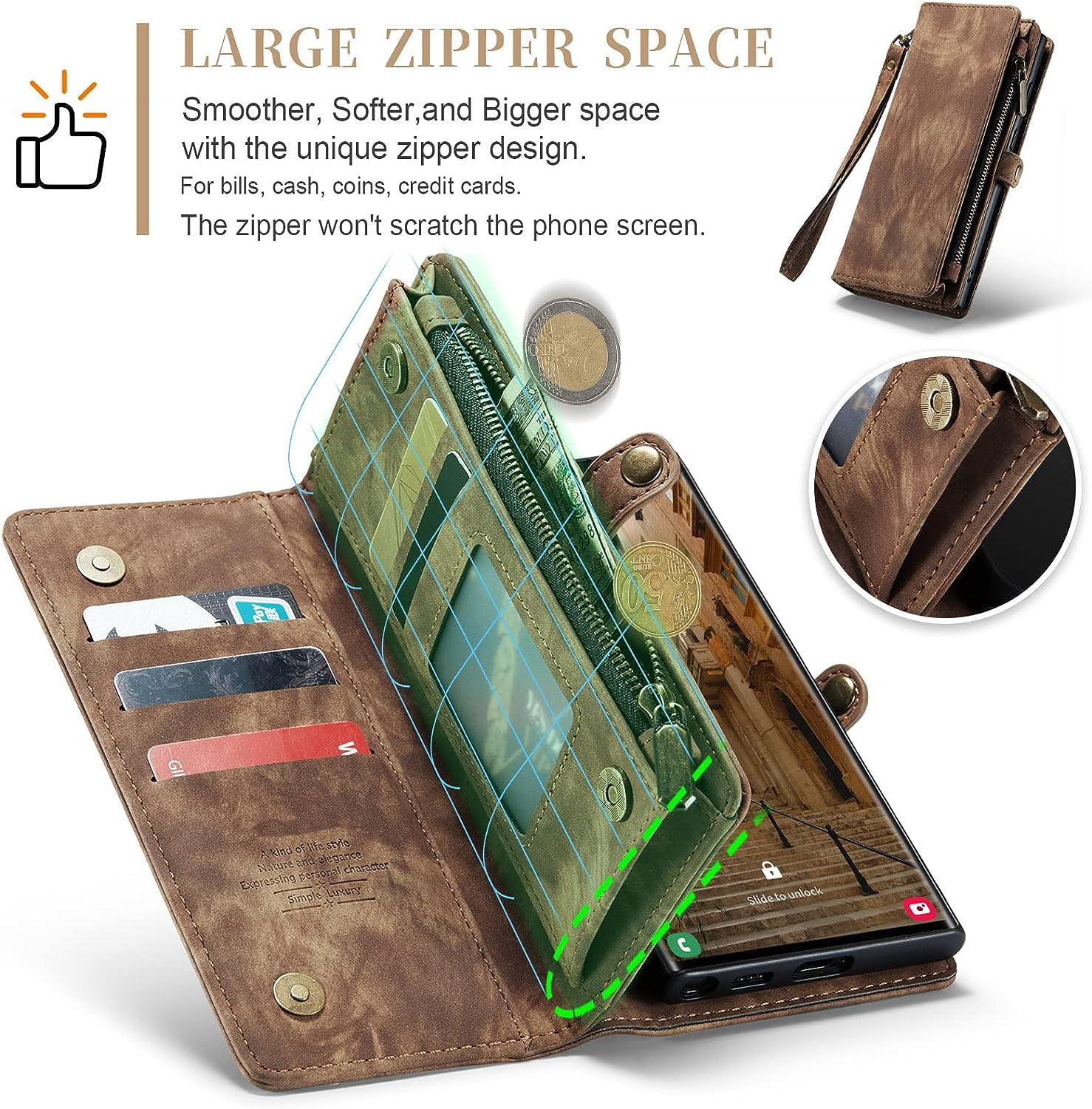 Phone Case for Samsung Galaxy S23 Ultra 5G Zipper Wallet Detachable Cover with Leather Flip Credit Cash Card Holder Mobile Cell Accessories S23Ultra 23S S 23 23Ultra 6.8 inch Women Men Brown