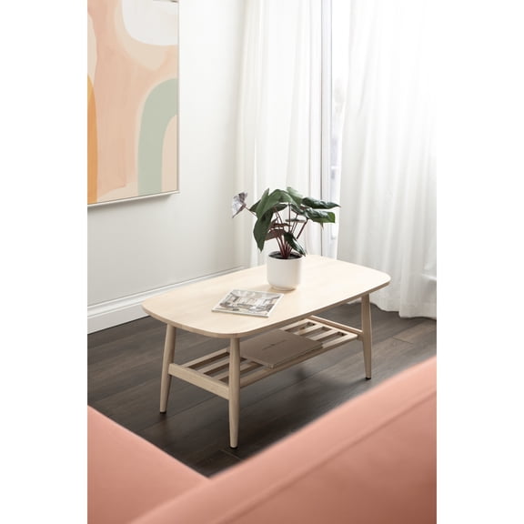 Kate and Laurel Nilas Mid-Century Modern Tiered Rectangle Coffee Table, 44 x 22 x 18, Light Natural, Transitional Two-Tier Rectangular Living Room Table with Storage and Solid Rubberwood Construction