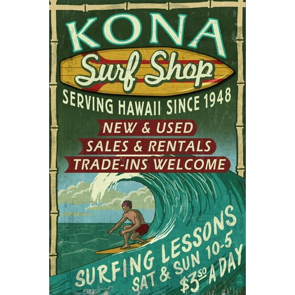 Art.com Kona, Hawaii - Surf Shop Art Print by Lantern Press, 12" x 18"