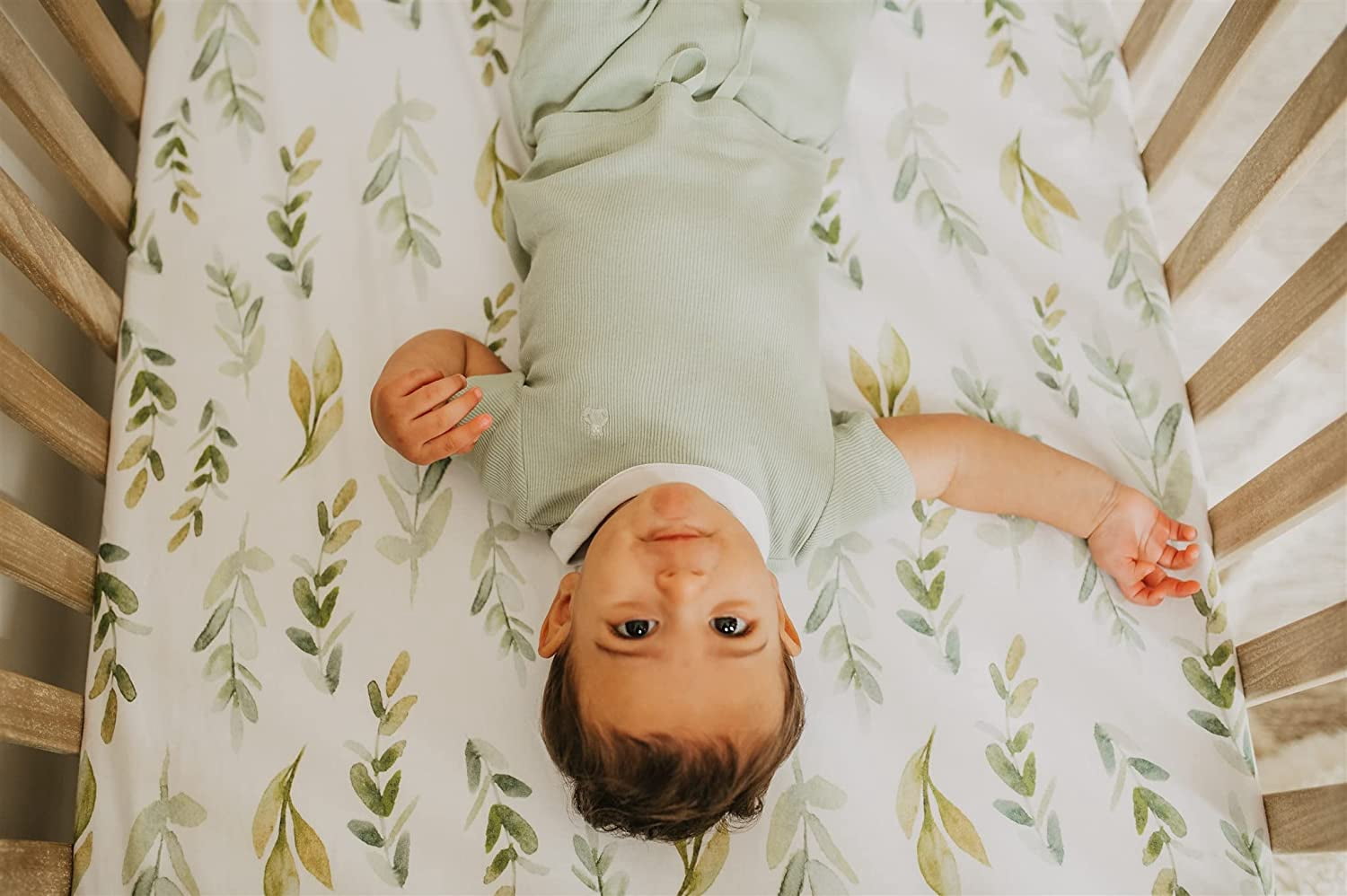 NODNAL CO. Green Leafy Cotton Crib Fitted Sheet Set, 100% OEKO-TEX Cotton, 3 Pieces, for Baby Girl or Boy Infant/Toddler Nursery Bedding, Gender Neutral Leafs, Greenery, Floral Eucalyptus