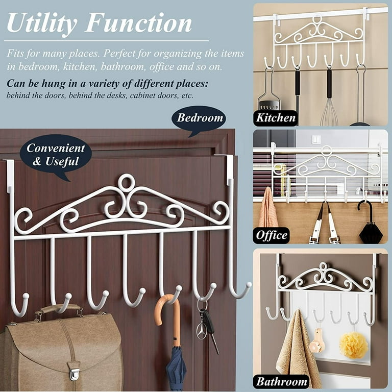 Metal Over The Door Hooks Hanger, Over The Door Towel Hook Coat Rack with 7 Hooks, White Hanging Organizer for Clothes Coat Hat Towel Bedroom Bathroom