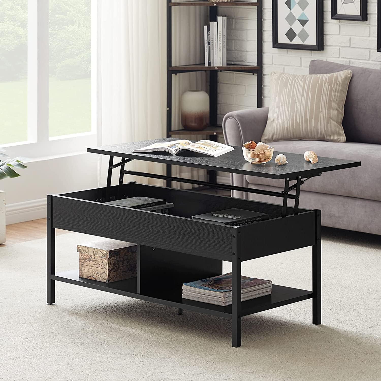 Kadyn Modern Rectangle Lift Top Coffee Table, Sofa Center Table with Lower Shelf, 41.7" Coffee Table for Living Room, Black
