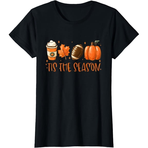 Tis The Season Pumpkin Leaf Latte Fall Thanksgiving Football T-Shirt