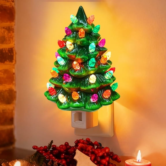 Ceramic Christmas Tree Night Light, Vintage Green Christmas Tree Wall Plug in Night Light, Hand Painted eramic Hallway Nightlight for Christmas, Home Dcor