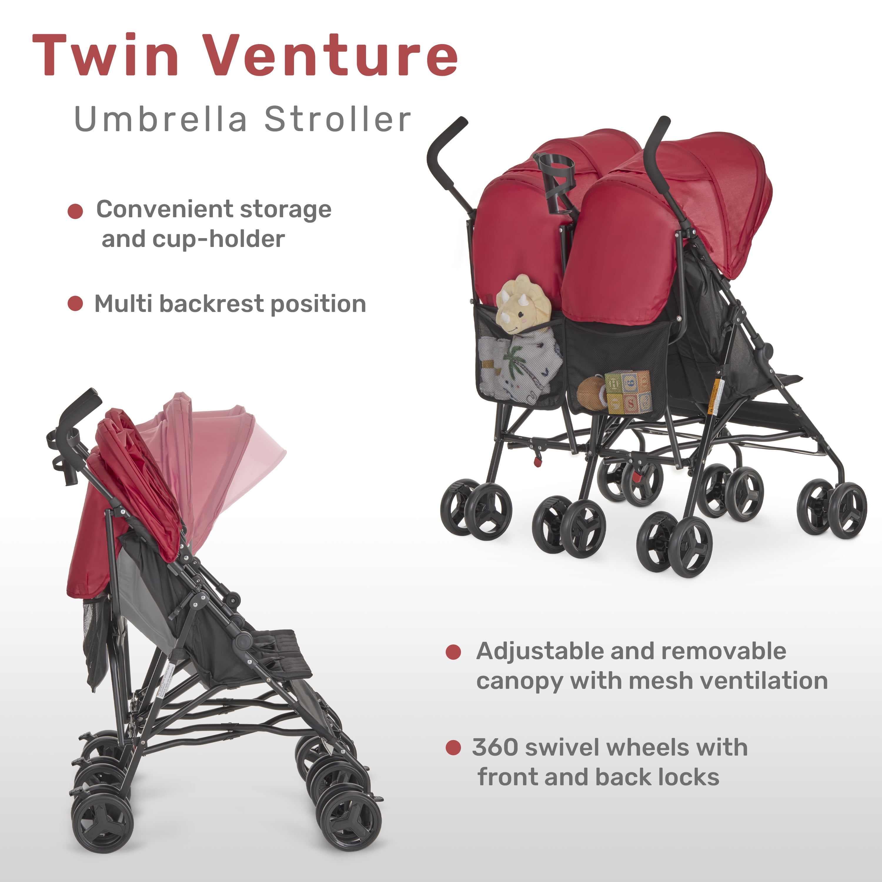 Dream On Me Twin Venture Umbrella Stroller, Red