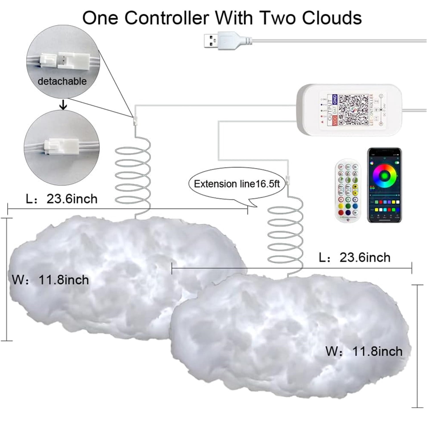 Tetou Cloud Lightning Light 23.6 inches Modern Multicolor Music Sync 2-Lights Wireless USB-Powered
