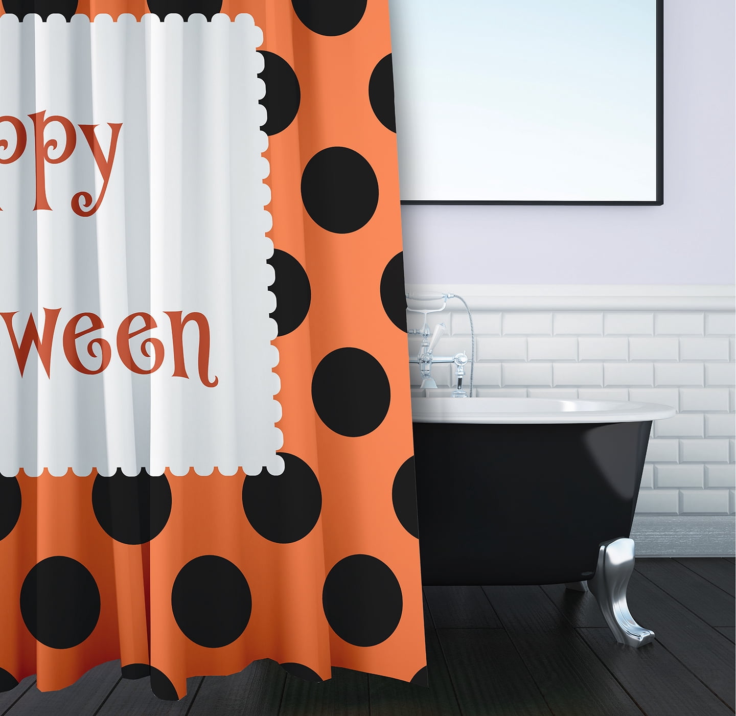 Simply Daisy 70" W x 73" L Halloween Happy Halloween Dots Polyester Shower Curtain, Traditional Orange [1 Ct]