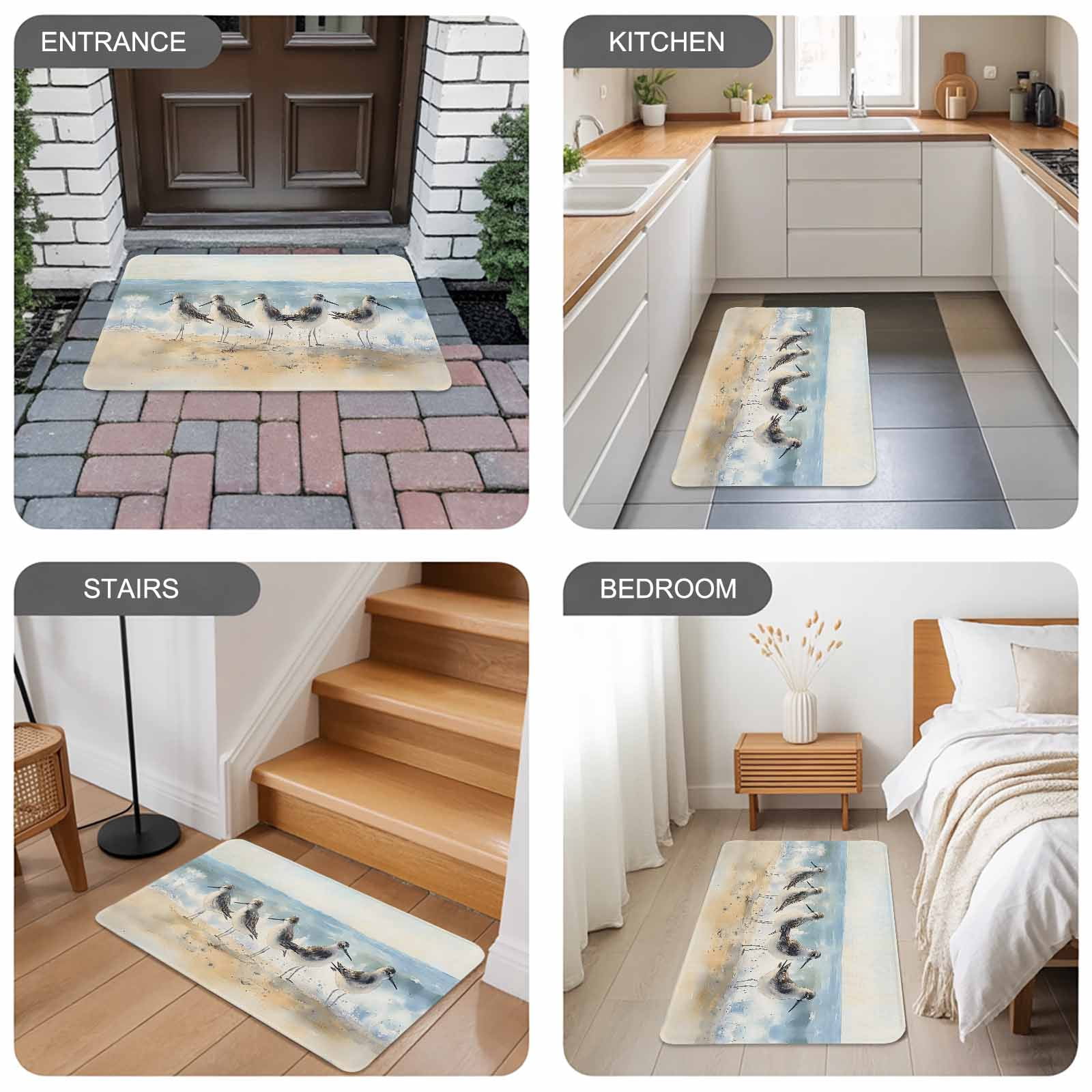 Coastal Seagull Doormat Outdoor Entrance 16"x24", Blue Ocean Summer Birds Oil Painted Absorb Moisture Dirt Door Mats, Non-Slip Rubber Backing Floor Mats Indoor, Low-Profile Front Door Rugs