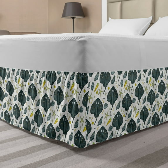 Underwater Bed Skirt, Funny Stingray and Starfish Nautilus Sea Shells Ocean Exotic Fish Doodle, Elastic Bedskirt Dust Ruffle Wrap Around for Bedding Decor, 4 Sizes, Grey Pale Green, by Ambesonne