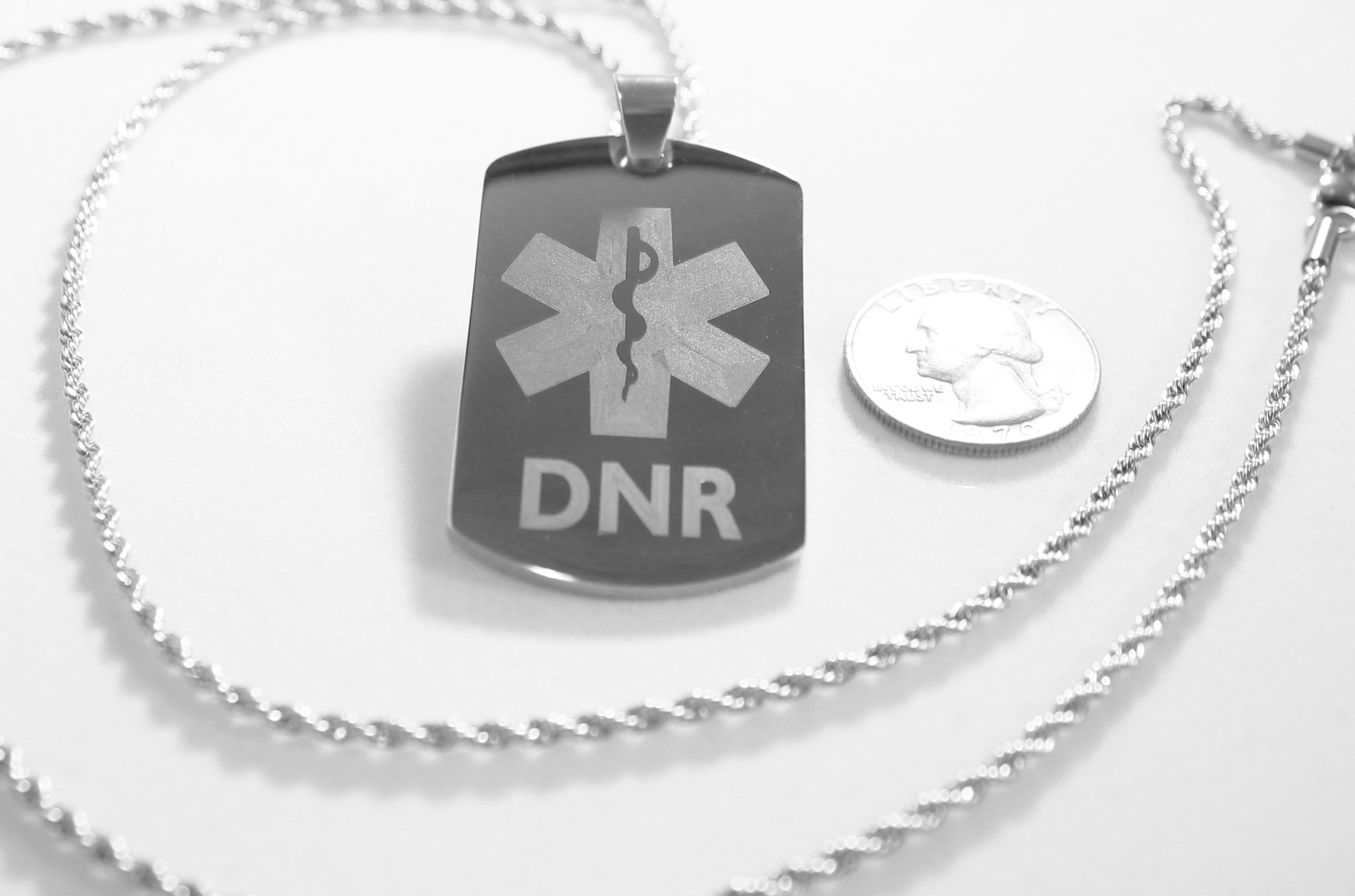 MEDICAL ALERT  DNR THICK SILVER  STAINLESS STEEL  DOG TAG NECKLACE FREE  ENGRAVING