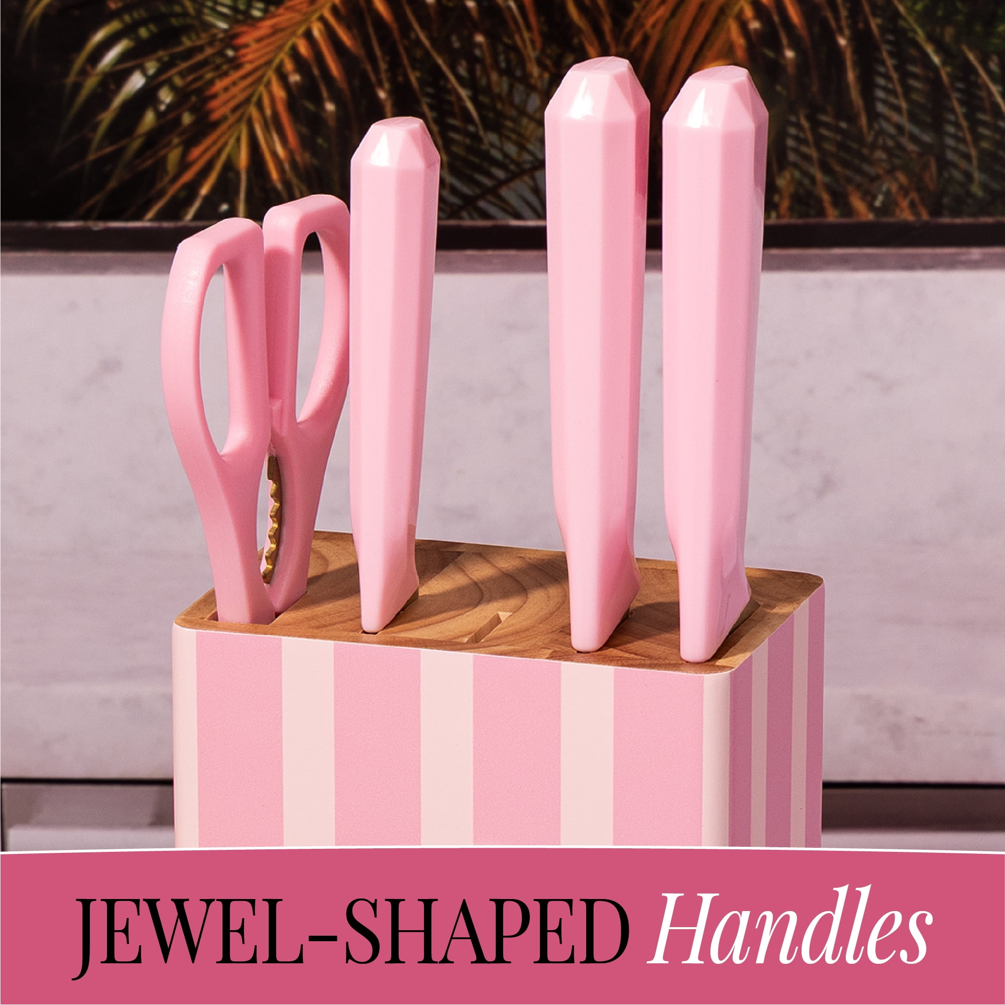 Paris Hilton 6-Piece Cutlery Block Set, Titanium-Coated Stainless Steel Blades, Cherry Print Block, Pink Faceted Handles