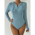 thumbnail image 3 of Ribbed Drawstring Hooded Bodysuit Long Sleeve Tight Fit Bodysuit Spring Fall Women's, 3 of 9