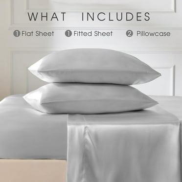 Cal King Satin Sheets, 4 pc Silver Grey Satin Sheets with Deep Pocket, Silky Soft, Luxury Silk Feel