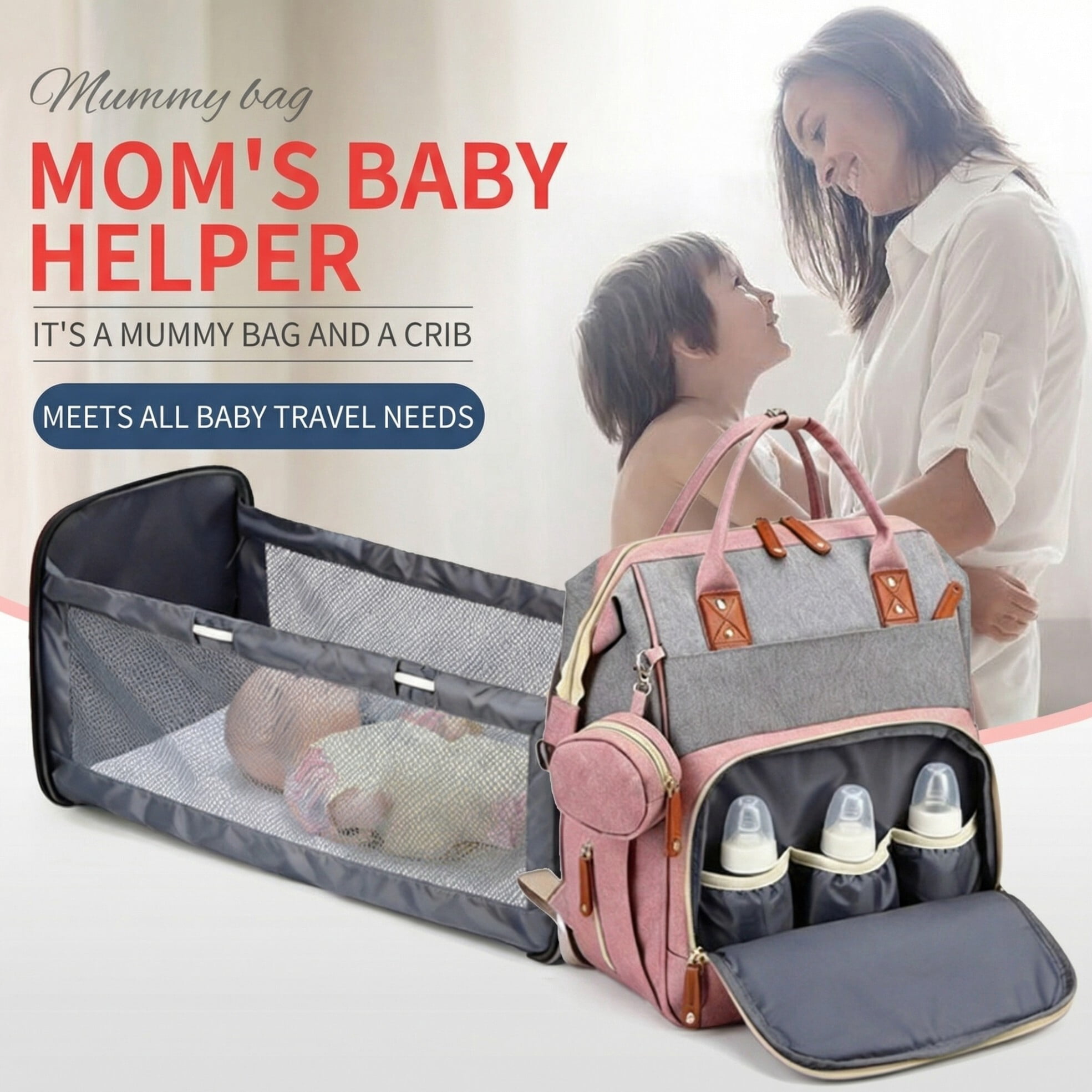 Baby diaper bag, backpack style diaper bag, baby travel bag, multi-functional waterproof baby bag with USB charging port and stroller straps,(Pink).
