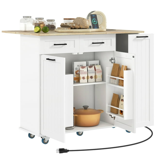 CoSoTower Kitchen Island on Wheels with Wood Drop Leaf, Charging Station, Rolling Kitchen Cart with Adjustable Shelf, White