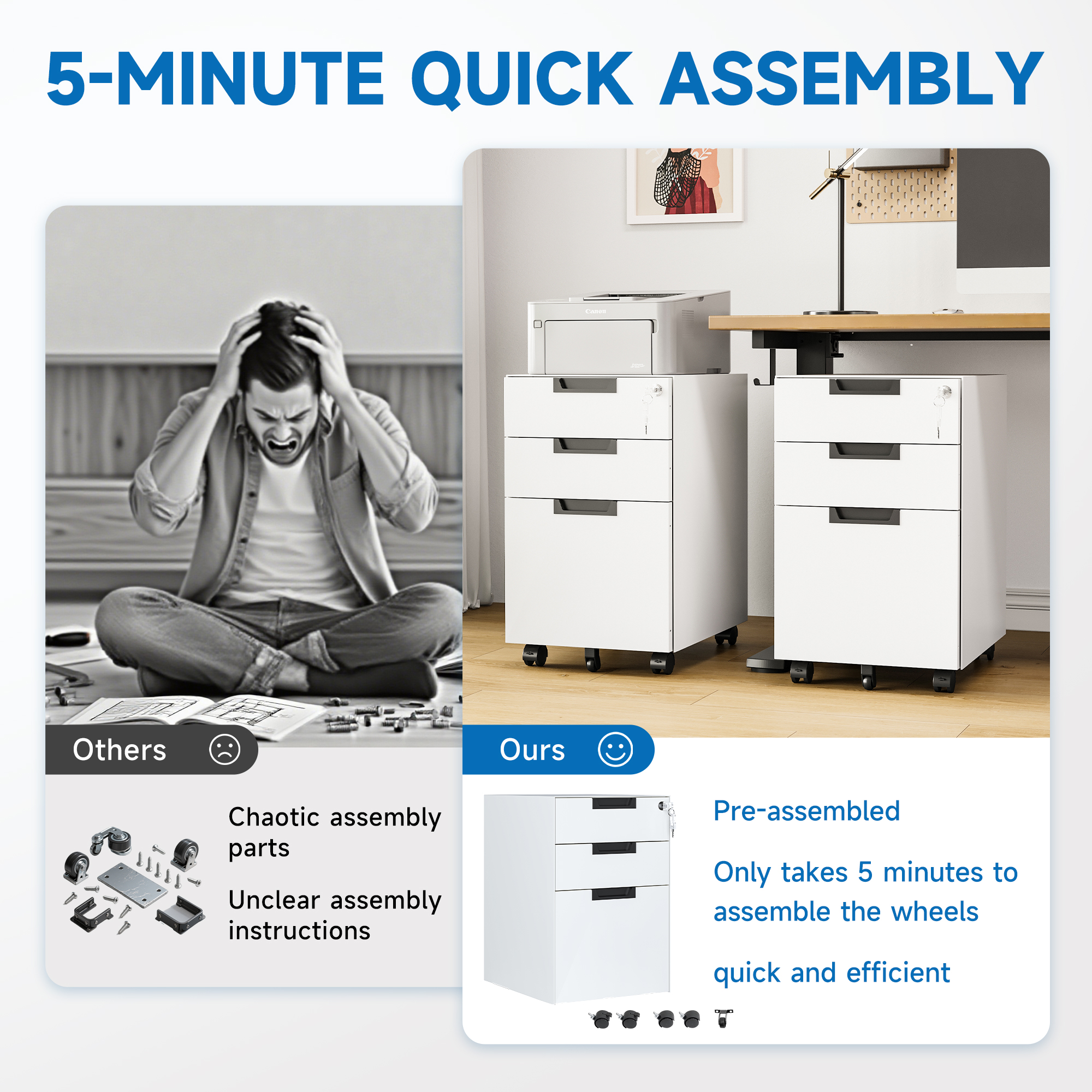 Fesbos Metal Mobile File Cabinet with Lock, 3 Drawer Rolling Filing Cabinets for Home Office, Fully Assembled, White, 23.6"H*17.32"D* 14.6"W, Fits Letter/Legal/A4 Size Files