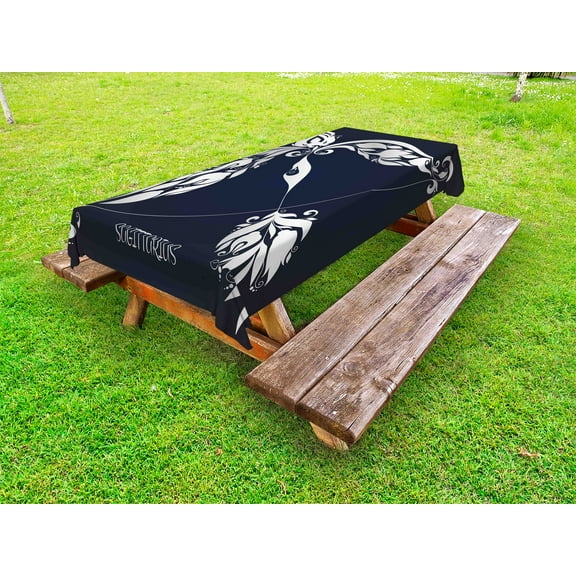 Zodiac Outdoor Tablecloth, Astrology Sign Sagittarius with Flower Images Planetary Impacts on Nature Theme, Decorative Washable Fabric Picnic Tablecloth, 58 X 120 Inches, Blue Silver, by Ambesonne