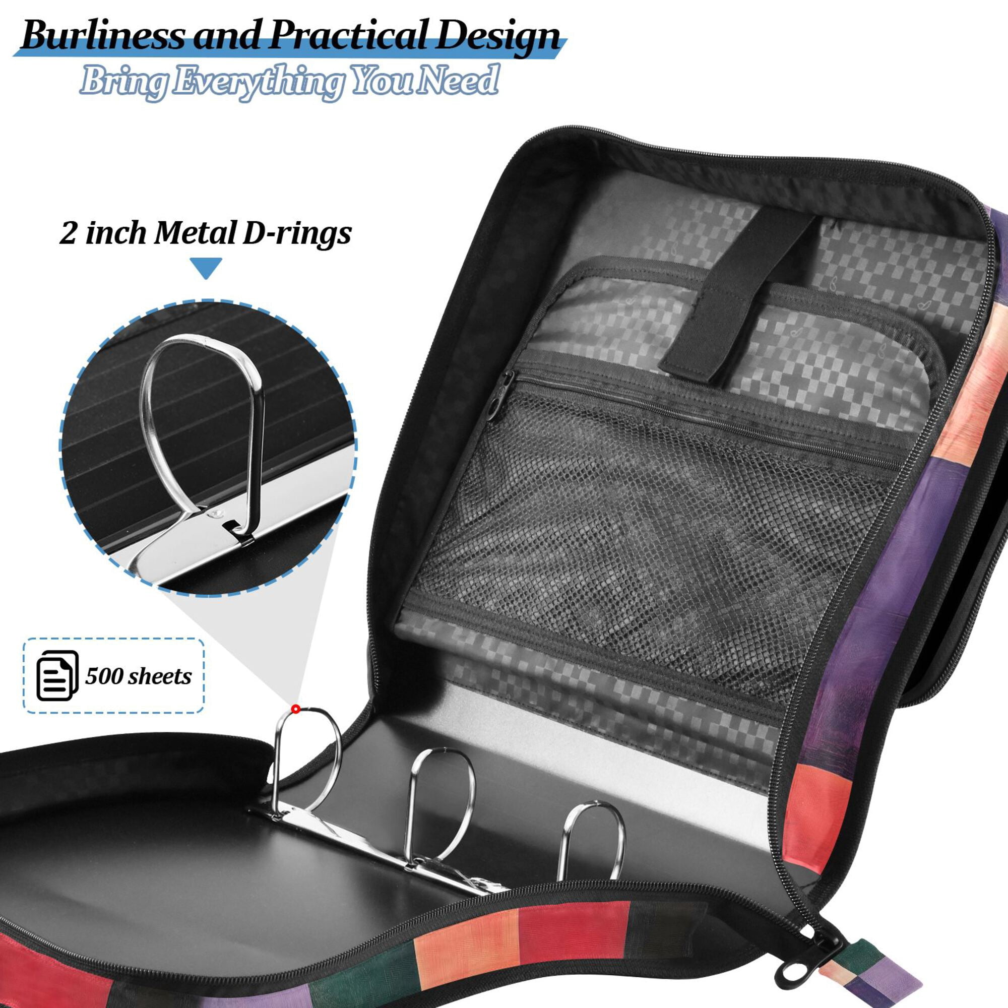 FORMRS Zipper Binder with Shoulder Strap 2-inch Ring 500 Sheet Capacity File Bag, Red and Purple Plaid Pattern
