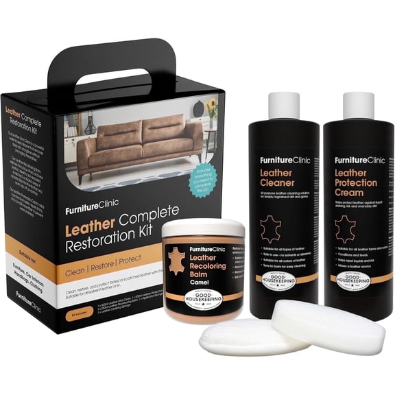 Furniture Clinic Leather Complete Restoration Kit | with Leather Recoloring Balm, Cleaner, 2-in-1 Protection Cream & Conditioner, Sponge, and Cloth | Repair Kit for Furniture (Camel)