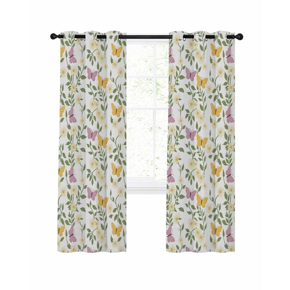 Yellow Purple Flowers Blackout Curtains for Bedroom Living Room, Green Leaf Daisy Grass Easter Floral Plant 84 In Long Thermal Insulated Room Darkening Drapes Grommet Window Treatments, 52 x 84 In