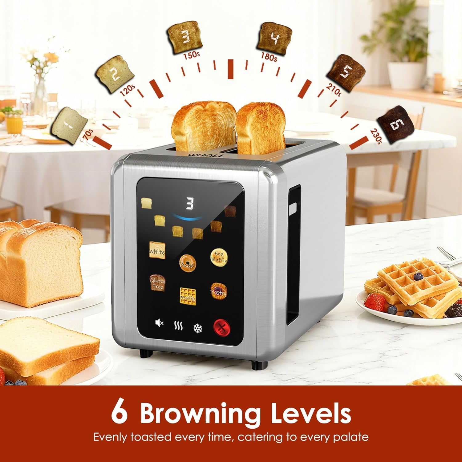 WHALL Touch Screen Toaster 2 Slice, 1.5'' Extra Wide Slot Stainless Steel Toaster with Digital Timer, 6 Bread Types & 6 Shade Settings, Crumb Tray, Reheat/Defrost, Smart Toasters for Breads