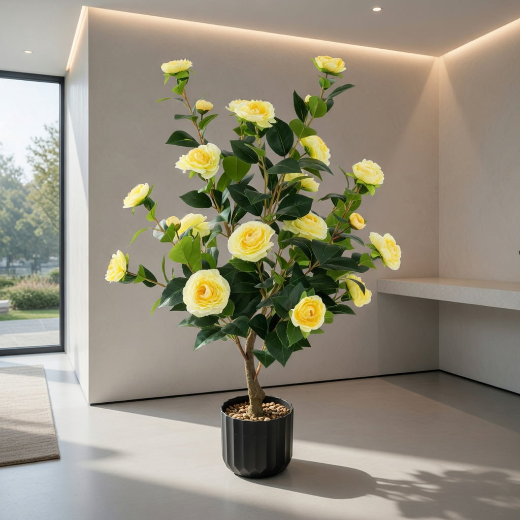 Spaco 38 Inch Artificial Flower Plant in Cement Pot, Artificial Camellia Tree Faux Flower Plant, Artificial Flower for Indoor and Outdoor, Yellow