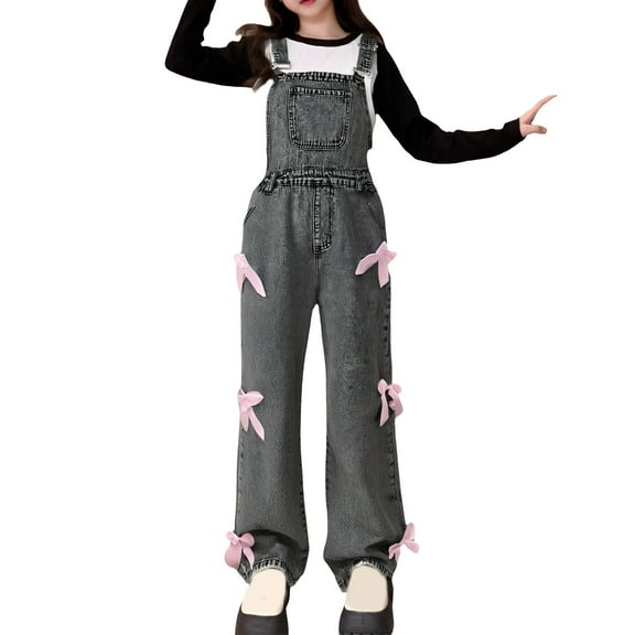 Ruyang Girls Denim Overalls Kids Blue Straight Leg Fashion Jean Jumpsuits Western Clothes Dungarees Pants Bow Workwear Bib Pants