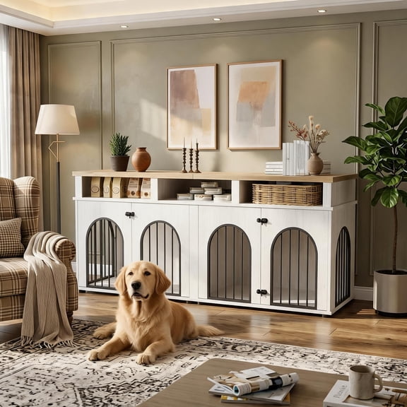 71" Double Dog Crate Furniture, with 3 Storage Shelves, 8 Adjustable Feet